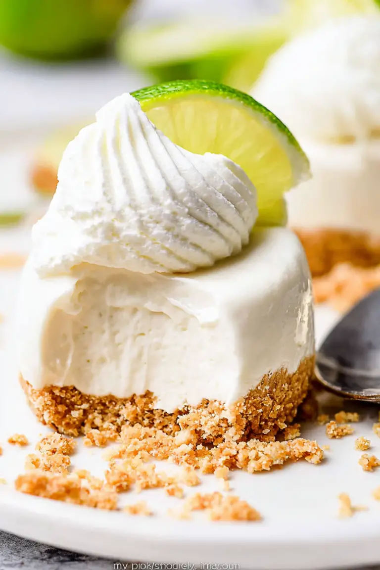 Mini no bake key lime pies garnished with whipped cream and lime slices on a wooden table.