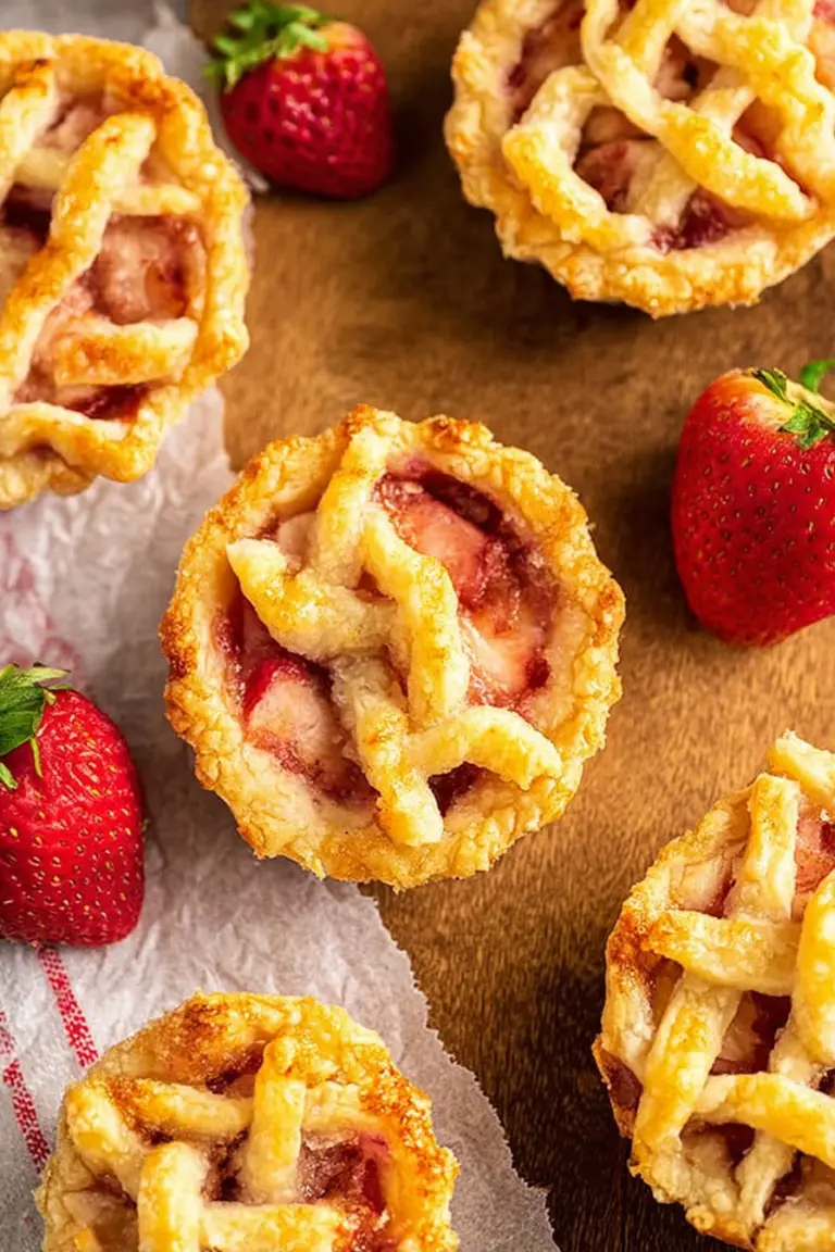 Overhead view of mini strawberry rhubarb pies garnished with fresh strawberries and rhubarb on a wooden table.
