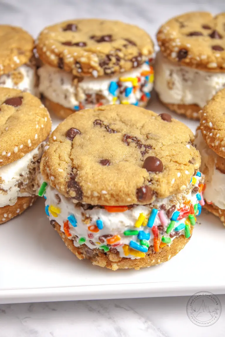 Delicious M&M chocolate chip cookie ice cream sandwiches with colorful toppings on a decorative plate.