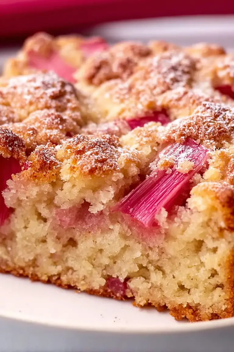 Close-up of a moist rhubarb cake with powdered sugar on a wooden table, showing juicy rhubarb filling inside.
