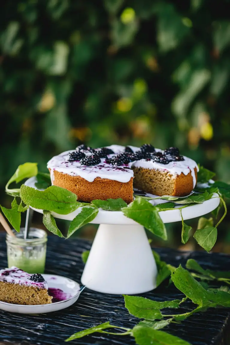 Slice of mulberry almond cake with fresh mulberries on the side