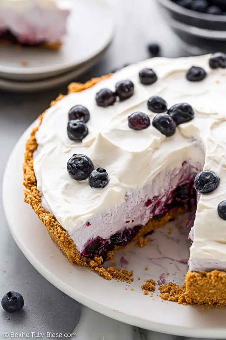 No bake blueberry cream pie on a rustic wooden table, garnished with fresh blueberries and whipped cream.