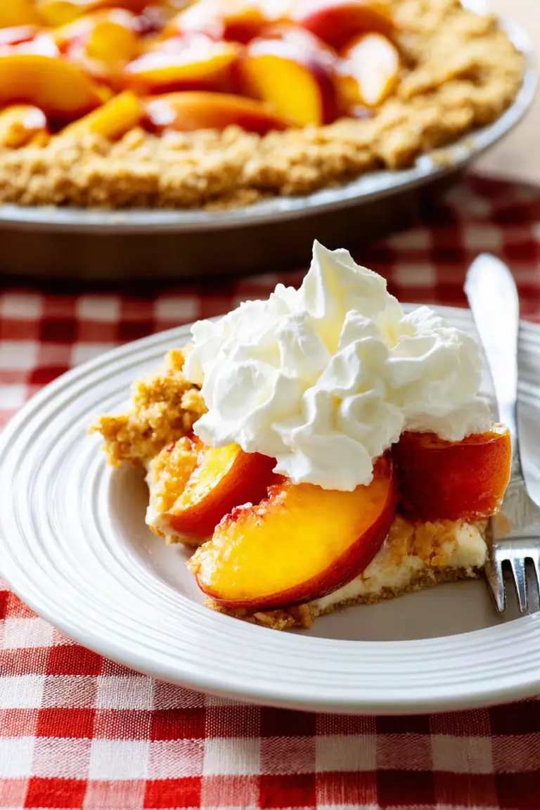 No-bake cheesecake peach pie with fresh peach slices artfully arranged, on a wooden table with utensils beside it.