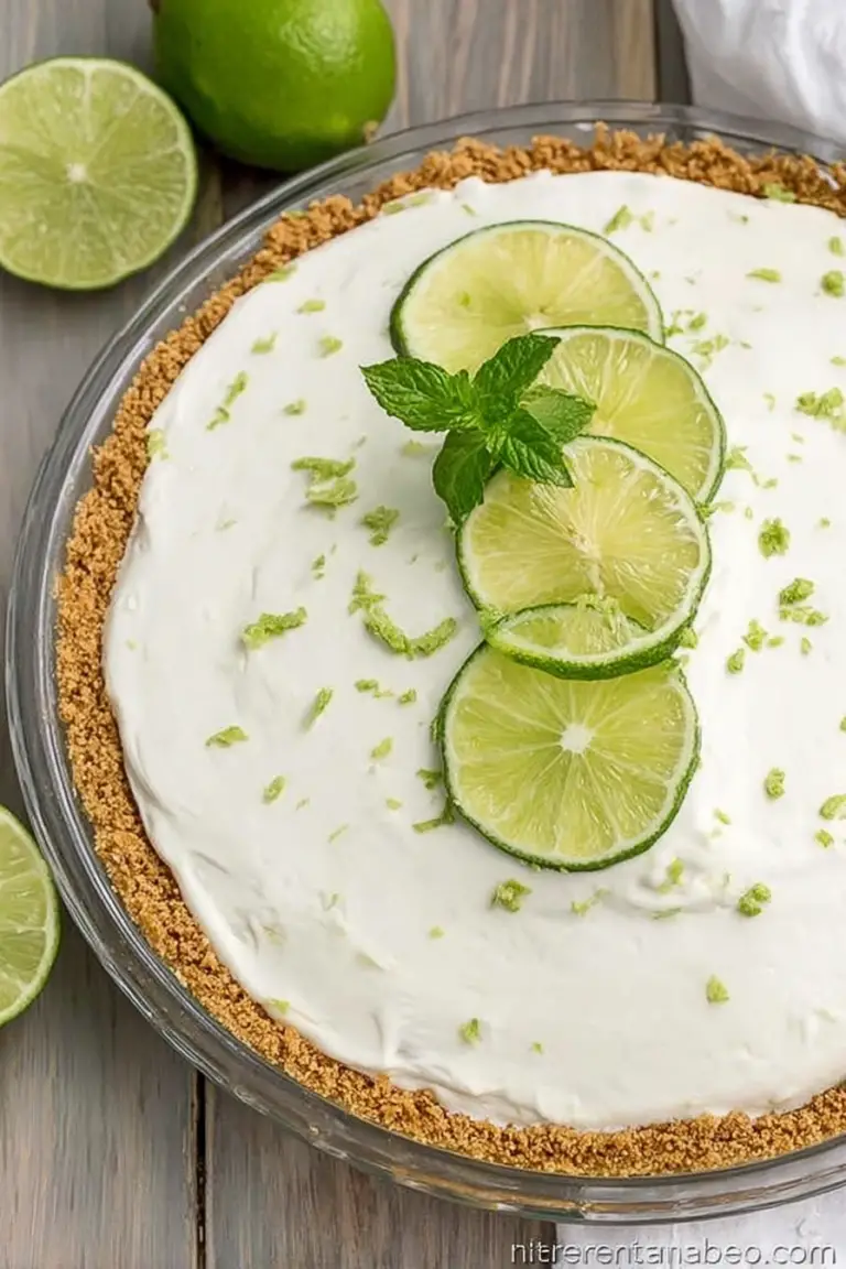 A slice of no bake key lime pie on a white plate, garnished with lime zest and a lime wedge.