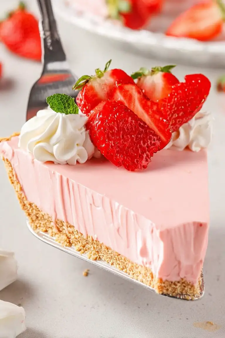 No Bake Strawberry Pie garnished with fresh strawberries and whipped cream on a wooden table.