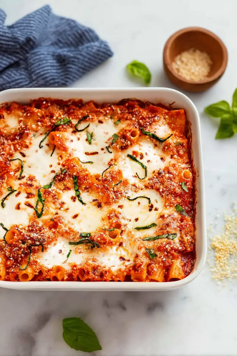 Close-up of no boil baked ziti with melted cheese and marinara sauce on a plate.
