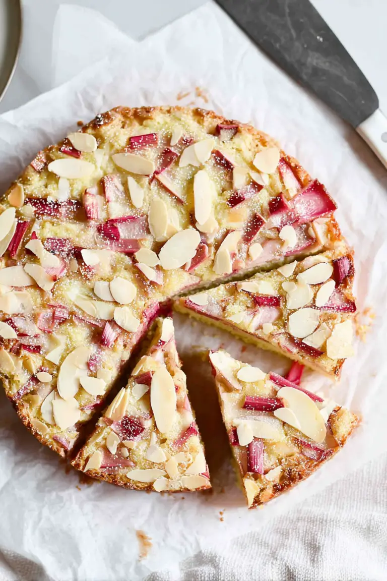 Slice of Norwegian rhubarb and almond cake on a wooden table, garnished with rhubarb and almonds
