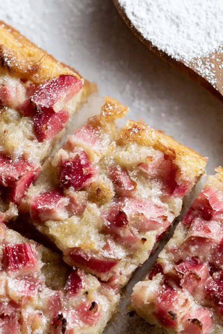 Delicious old-fashioned custard rhubarb bar slice garnished with icing sugar, surrounded by fresh rhubarb stalks.