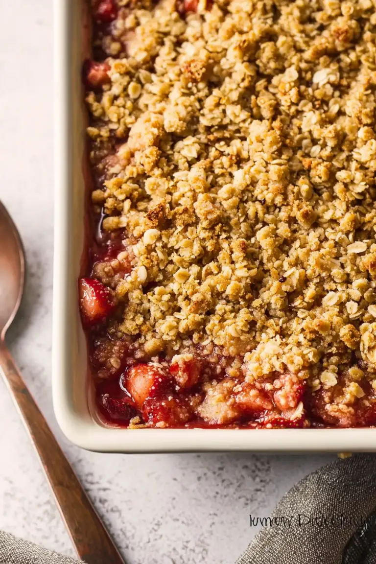 Old fashioned strawberry rhubarb crisp with golden crumble topping and scoop of vanilla ice cream