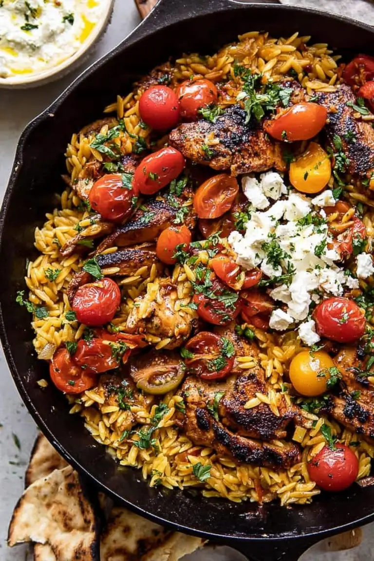 One skillet Greek chicken and orzo with tomatoes, feta, and tzatziki in a vibrant skillet, garnished with fresh herbs.