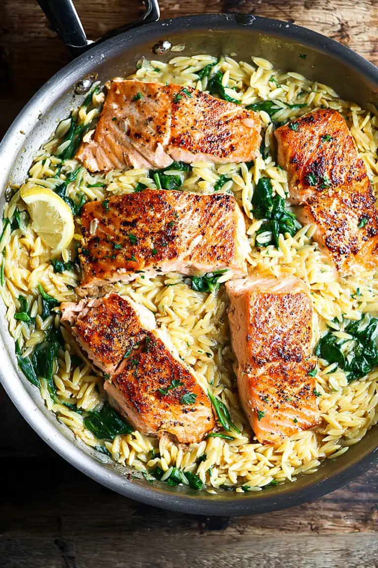 Skillet salmon with lemon orzo and spinach topped with Parmesan and chili flakes
