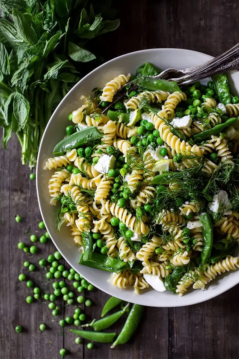 Bowl of pea pasta with mint, truffle oil, and lemon zest, garnished with fresh mint leaves.