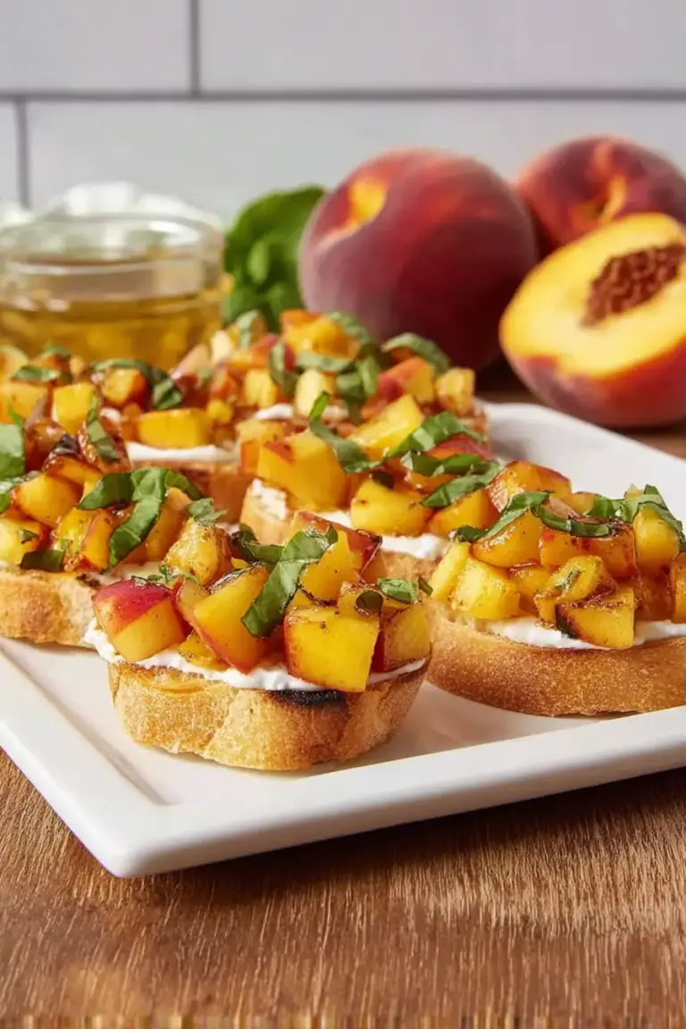Delicious peach bruschetta topped with brie, fresh basil, and honey arranged on a rustic wooden table.