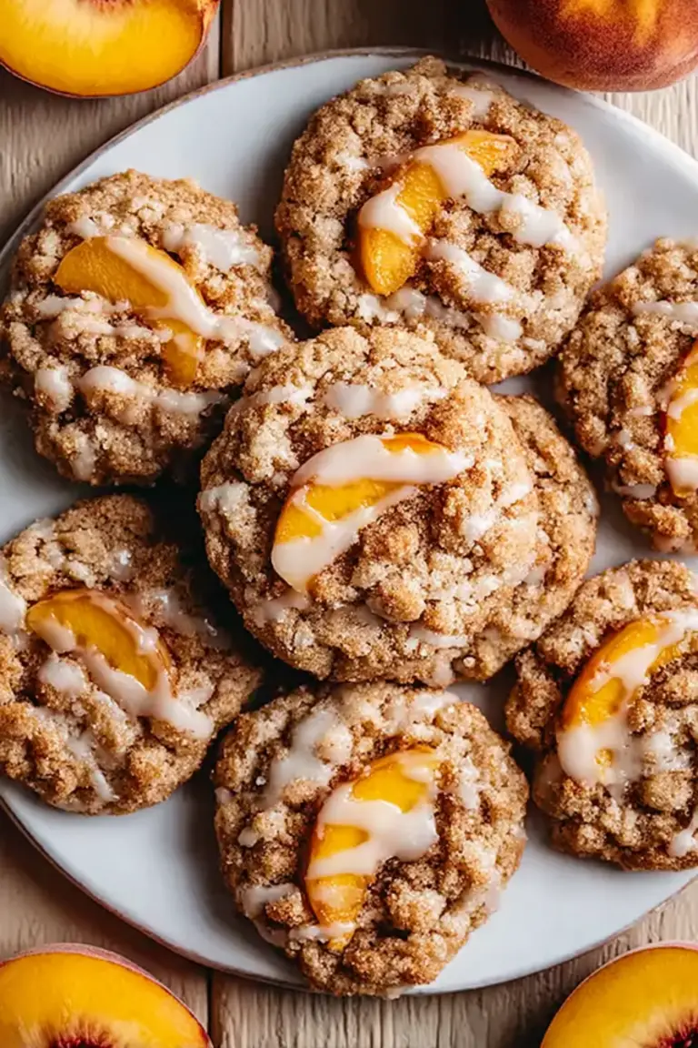 Delicious peach cobbler cookies with fresh peaches and cinnamon on a wooden table.