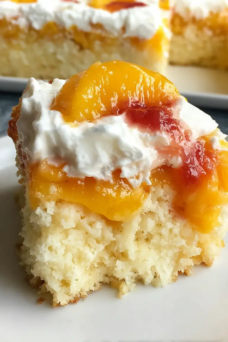 Slice of peaches and cream poke cake served on a wooden table, topped with fresh peach chunks.