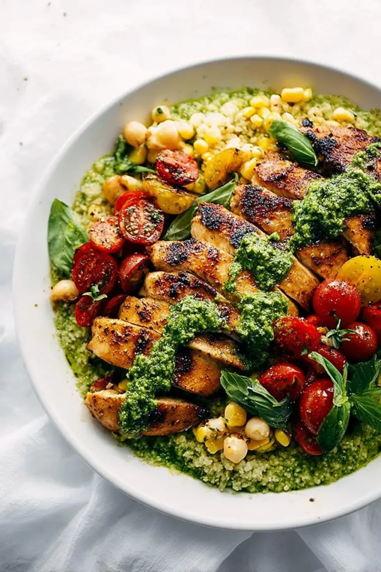 Delicious pesto chicken bowl with corn and bean salsa, fresh basil, and lemon wedges, perfect for a flavorful dinner.