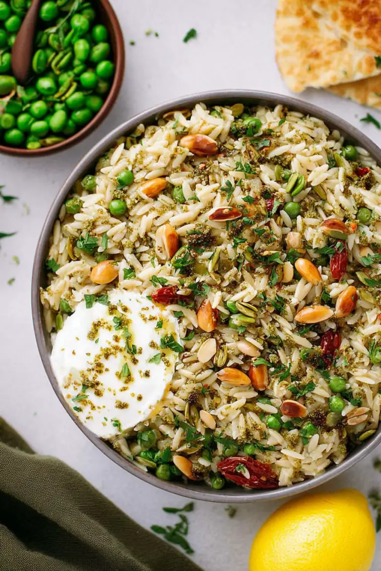 Pesto orzo salad with ricotta and pistachios garnished with basil.