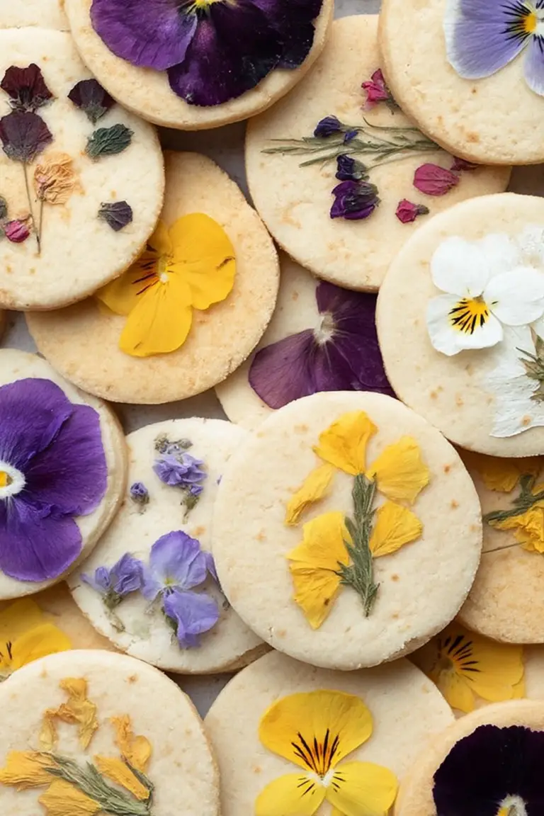 Pressed flower cookies decorated with colorful petals on a wood table.