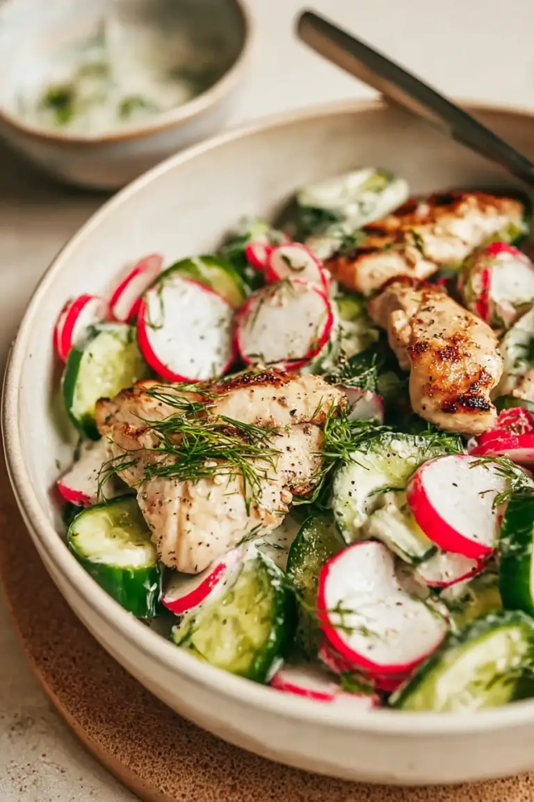 A colorful radish cucumber salad with grilled black pepper chicken and fresh dill on a wooden table.