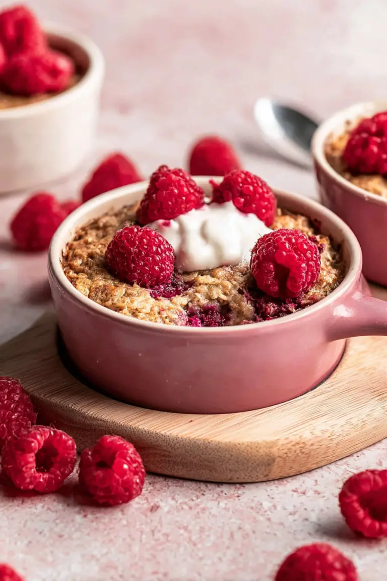 Bowl of raspberry baked oats topped with fresh raspberries and yogurt, perfect for a wholesome breakfast.