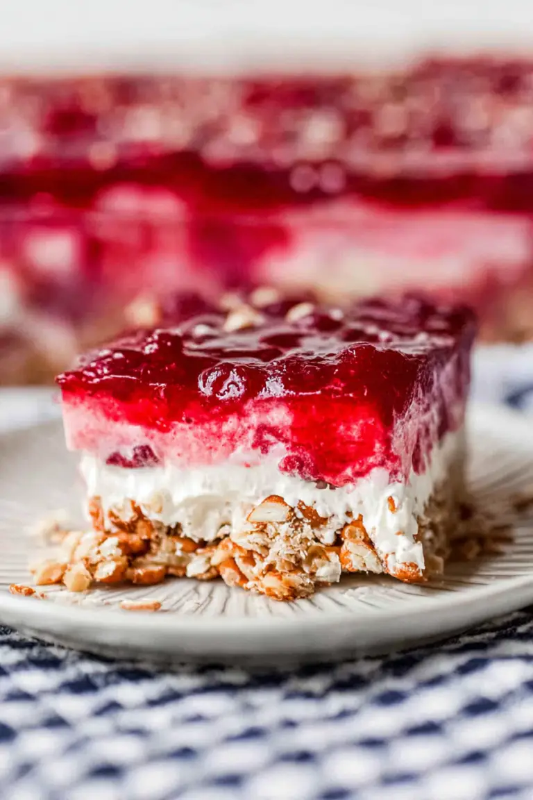 Close-up of a slice of raspberry pretzel salad garnished with fresh raspberries and mint leaves.