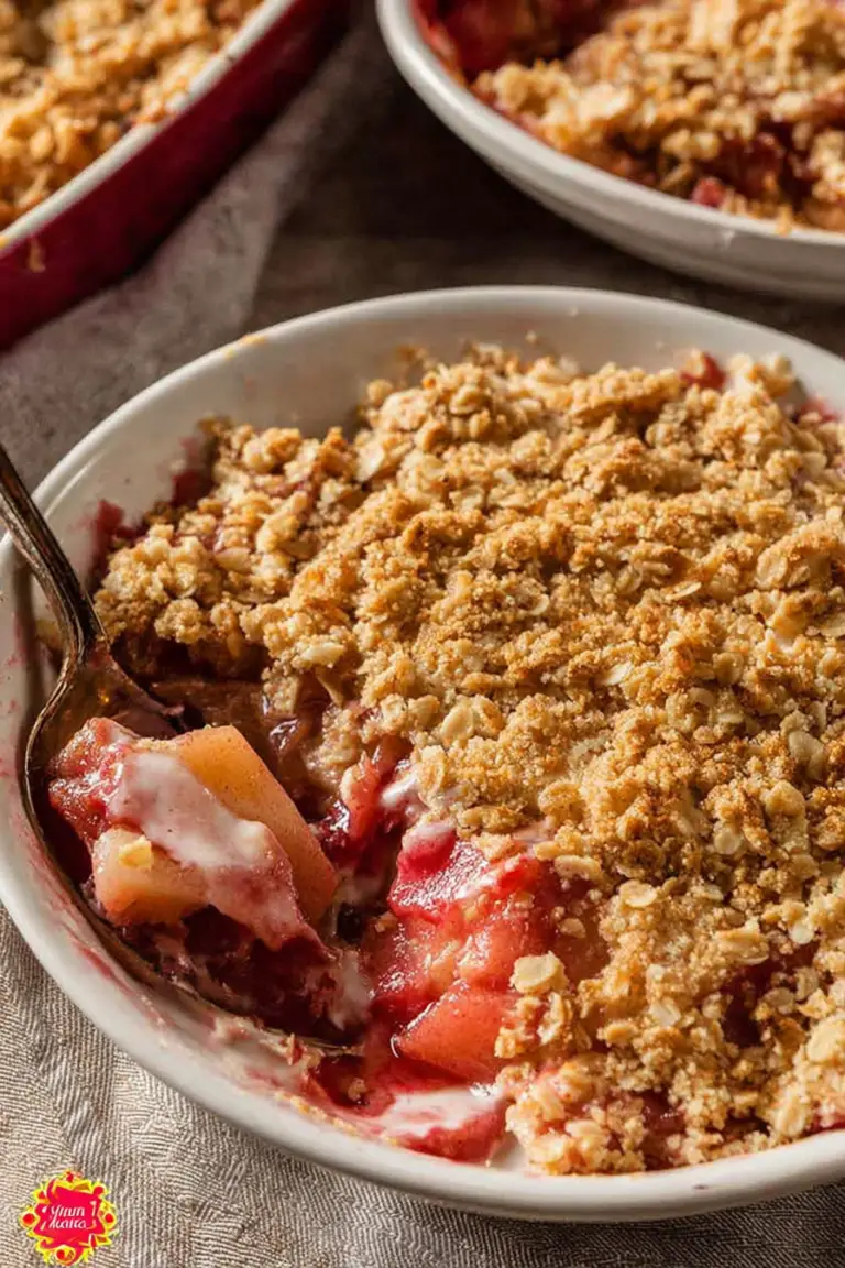 Delicious rhubarb and apple crumble with ice cream and mint garnish in a rustic dish