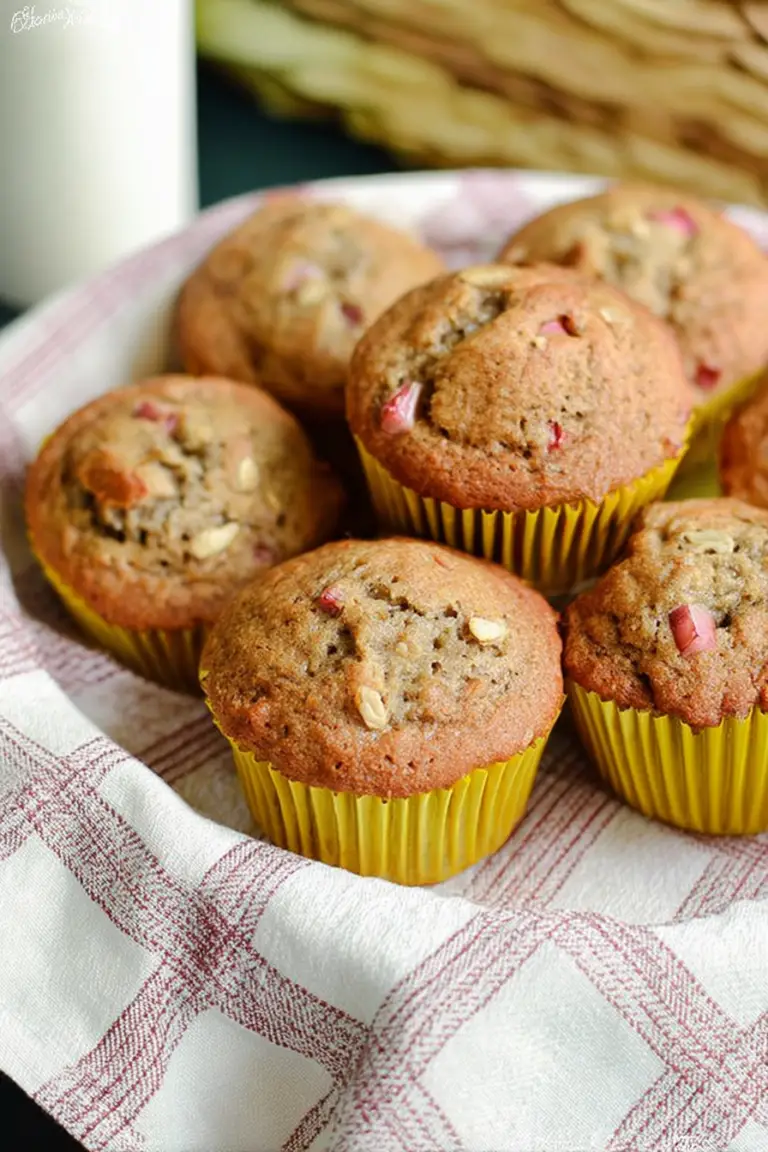 Close-up of freshly baked rhubarb banana muffins with a slice cut out, showcasing the moist texture and garnished with fresh rhubarb.