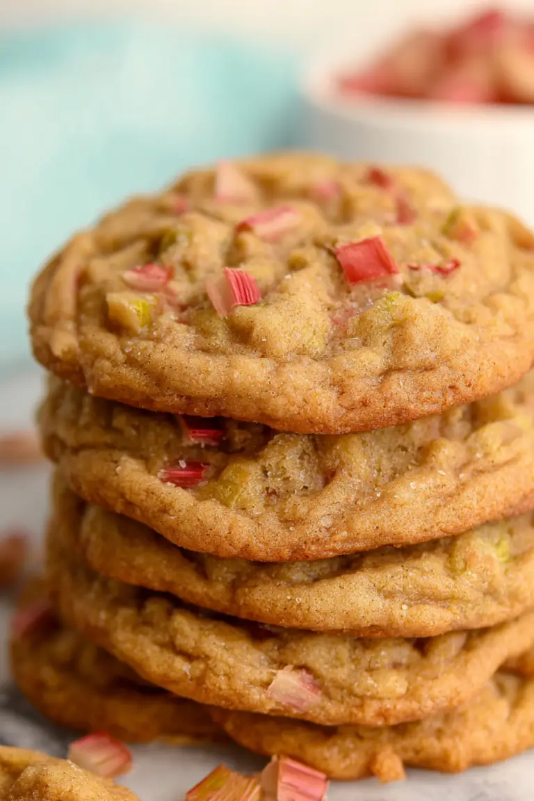 Delicious homemade rhubarb cookies on a wooden table, surrounded by fresh rhubarb stalks and sugar, highlighting their unique sweet and tangy flavors.