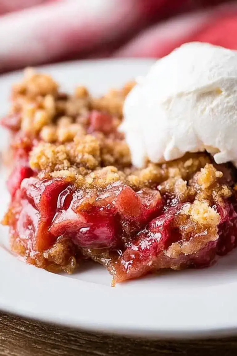 Delicious rhubarb crunch dessert topped with vanilla ice cream on a wooden table.