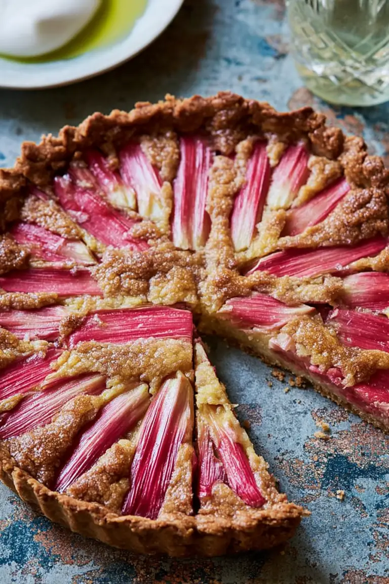 Rhubarb frangipane tart sliced and served on a wooden board with fresh rhubarb and icing sugar, showcasing the tart's pink rhubarb contrast with creamy frangipane.
