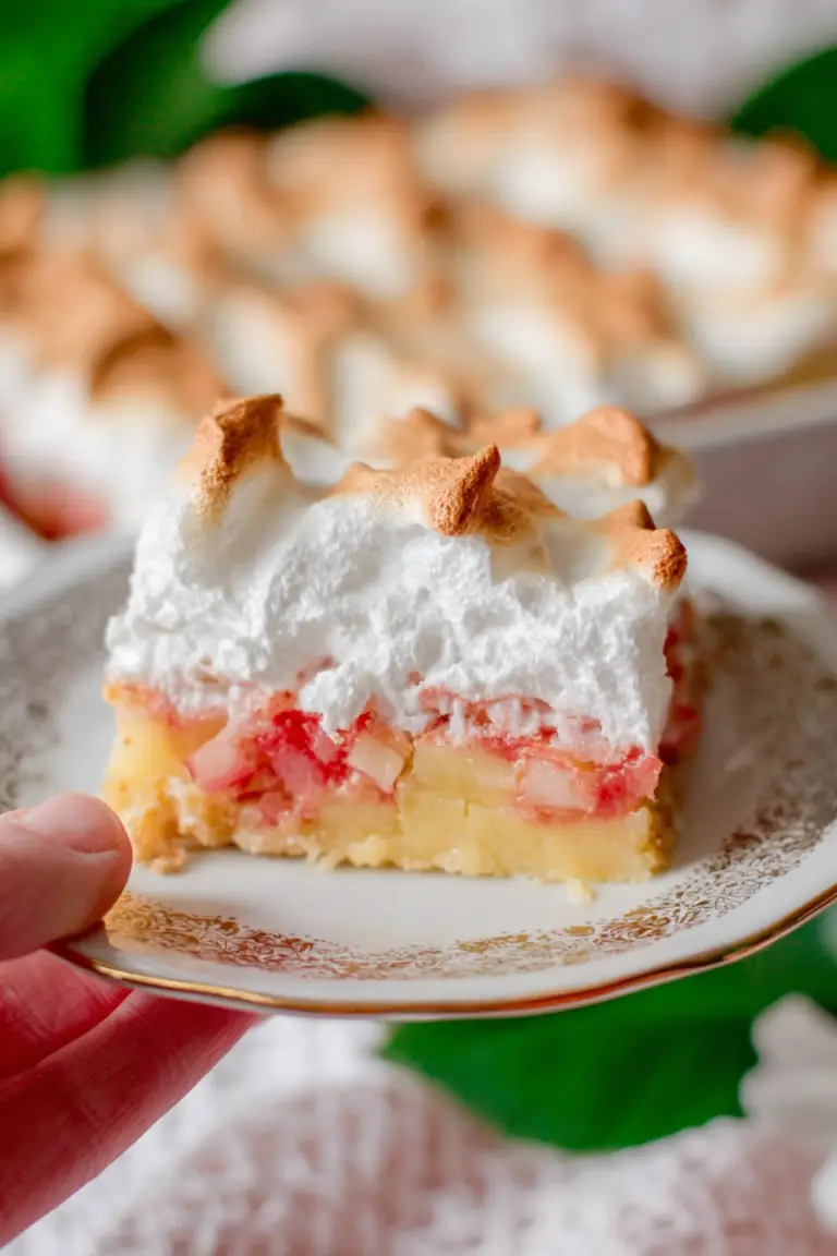 Close-up of rhubarb meringue bars with creamy filling and golden meringue on a wooden table