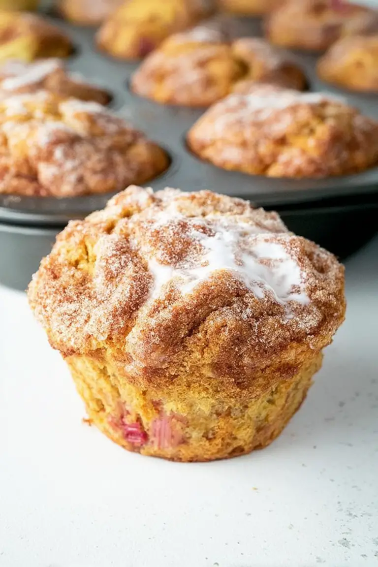Close-up of freshly baked rhubarb muffins with cinnamon sugar topping on a wooden table.
