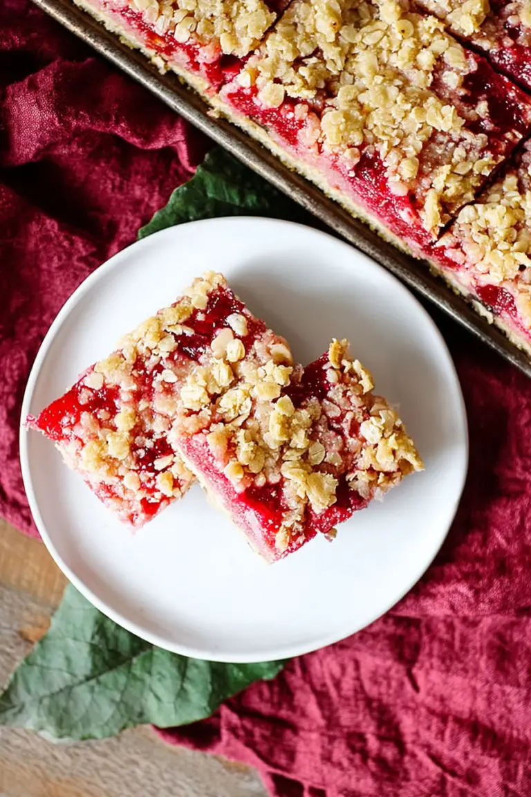 Close-up of rhubarb oat bars with fresh rhubarb and oats on a wooden table.