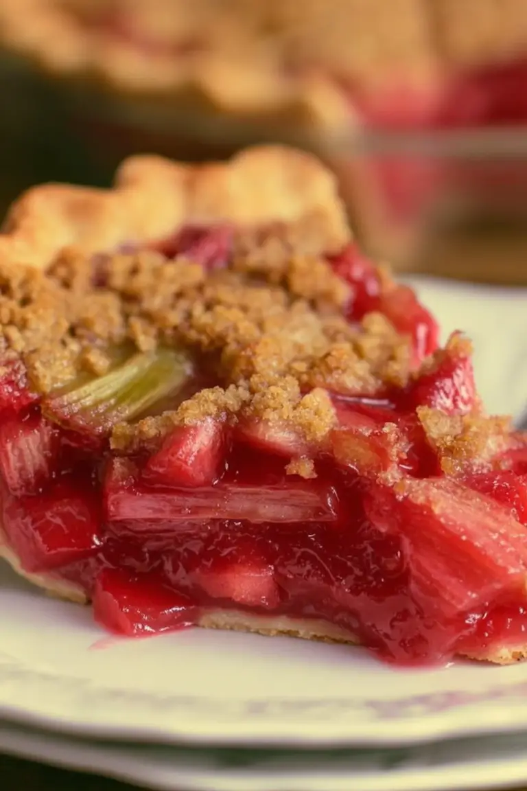 A freshly baked rhubarb pie with strawberry jello topping on a rustic wooden table, surrounded by fresh rhubarb stalks.