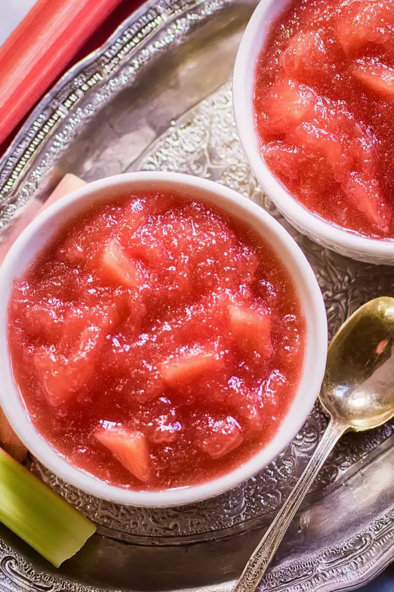 Delicious rhubarb sauce poured over creamy vanilla ice cream with a sprig of fresh mint.