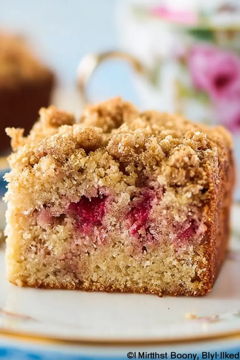 A slice of moist rhubarb sour cream coffee cake on a plate with fresh rhubarb stalks and a cup of coffee beside it.