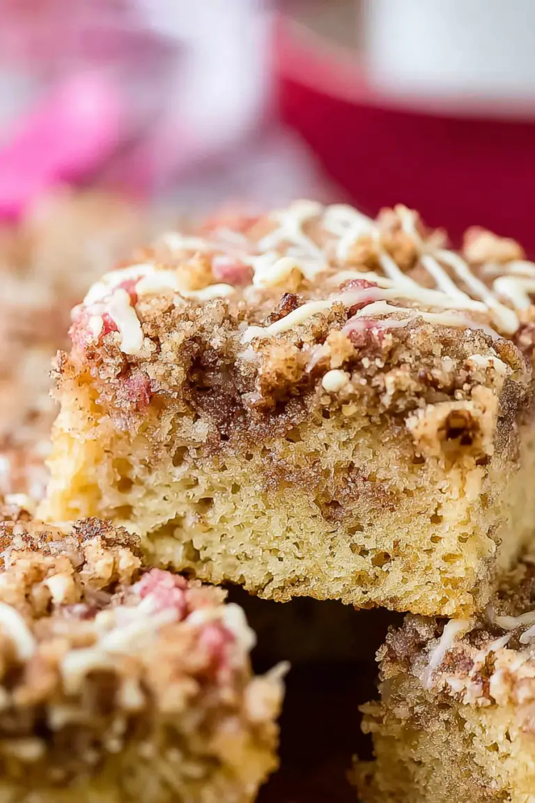 Slice of rhubarb streusel coffee cake showcasing moist texture and rhubarb filling, served on a rustic wooden table.