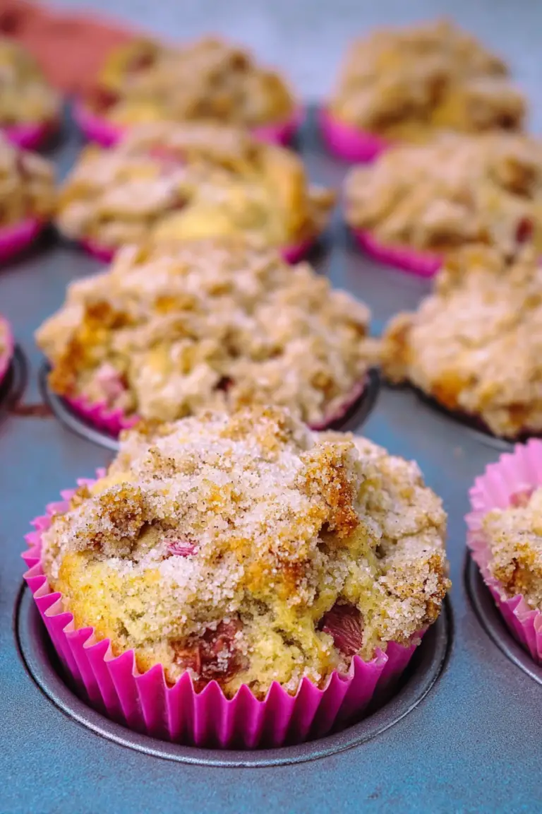 Close-up of rhubarb streusel muffins with tender crumb and vibrant rhubarb pieces on a wooden table.
