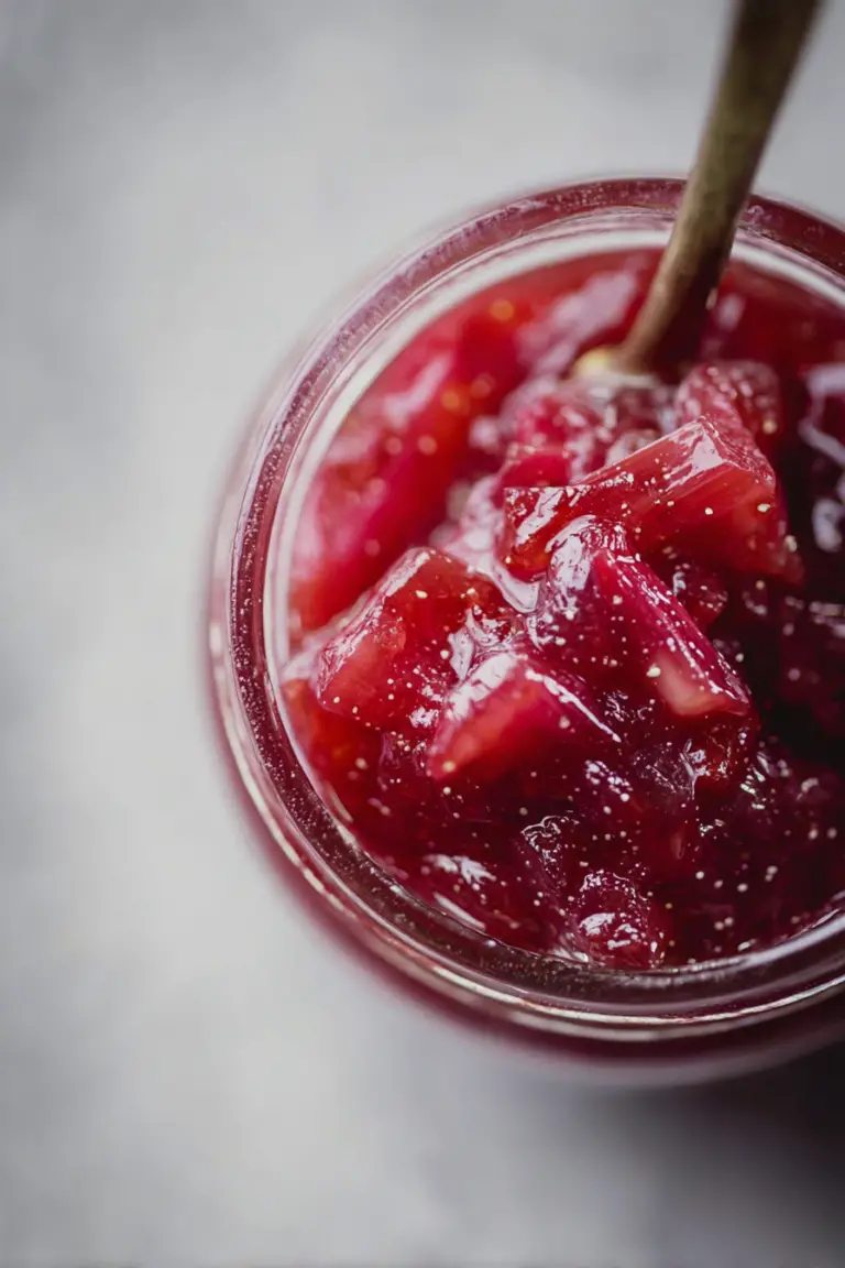 Homemade rhubarb and vanilla jam in a glass jar with fresh rhubarb stalks and vanilla pod on a wooden surface.
