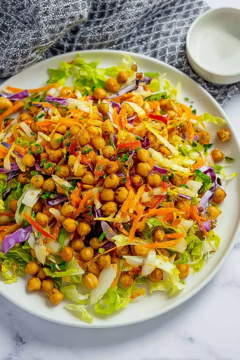 Roasted chickpea crunch salad with crispy chickpeas, coleslaw mix, and lemon vinaigrette