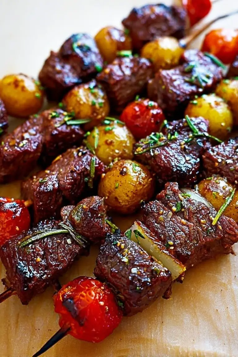 Close-up of rosemary garlic steak kebab on a platter with fresh herbs and vegetables