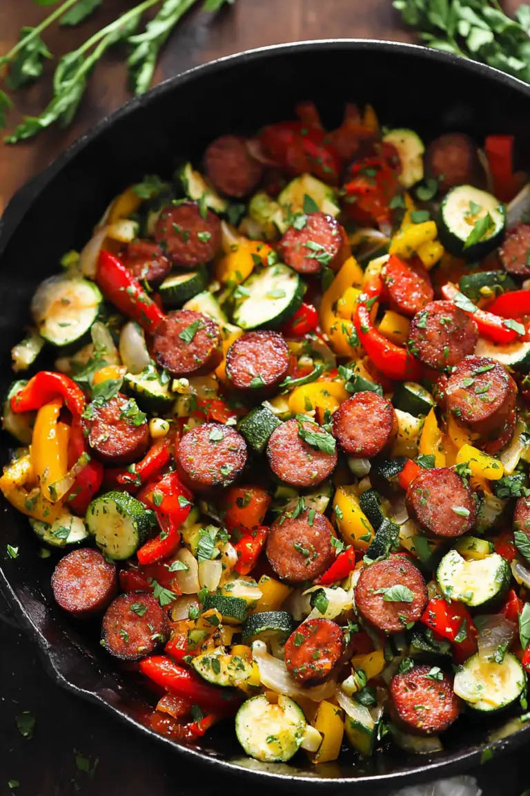 Colorful sausage and veggies skillet with bell peppers, zucchini, and corn on a wooden countertop.