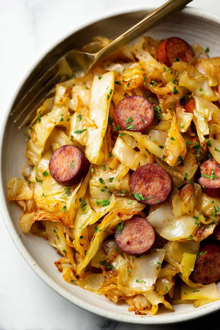 A colorful skillet of sautéed cabbage and kielbasa, highlighting the juicy sausage and tender cabbage with herbs on top.