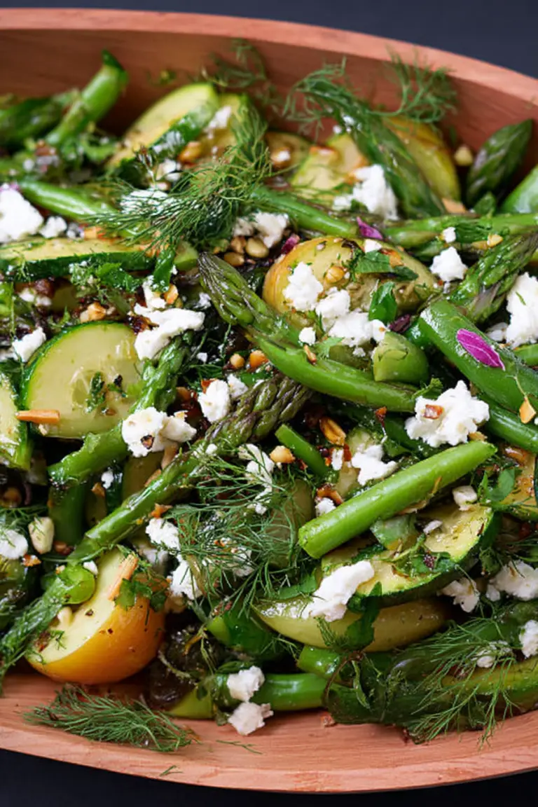 Colorful bowl of sautéed spring vegetable salad with asparagus, zucchini, feta cheese, and pistachios on a wooden table.