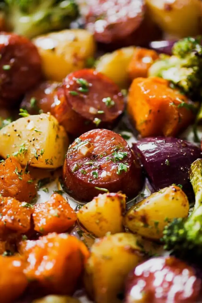 Sheet pan honey garlic kielbasa with sweet potatoes and broccoli, drizzled with sauce.