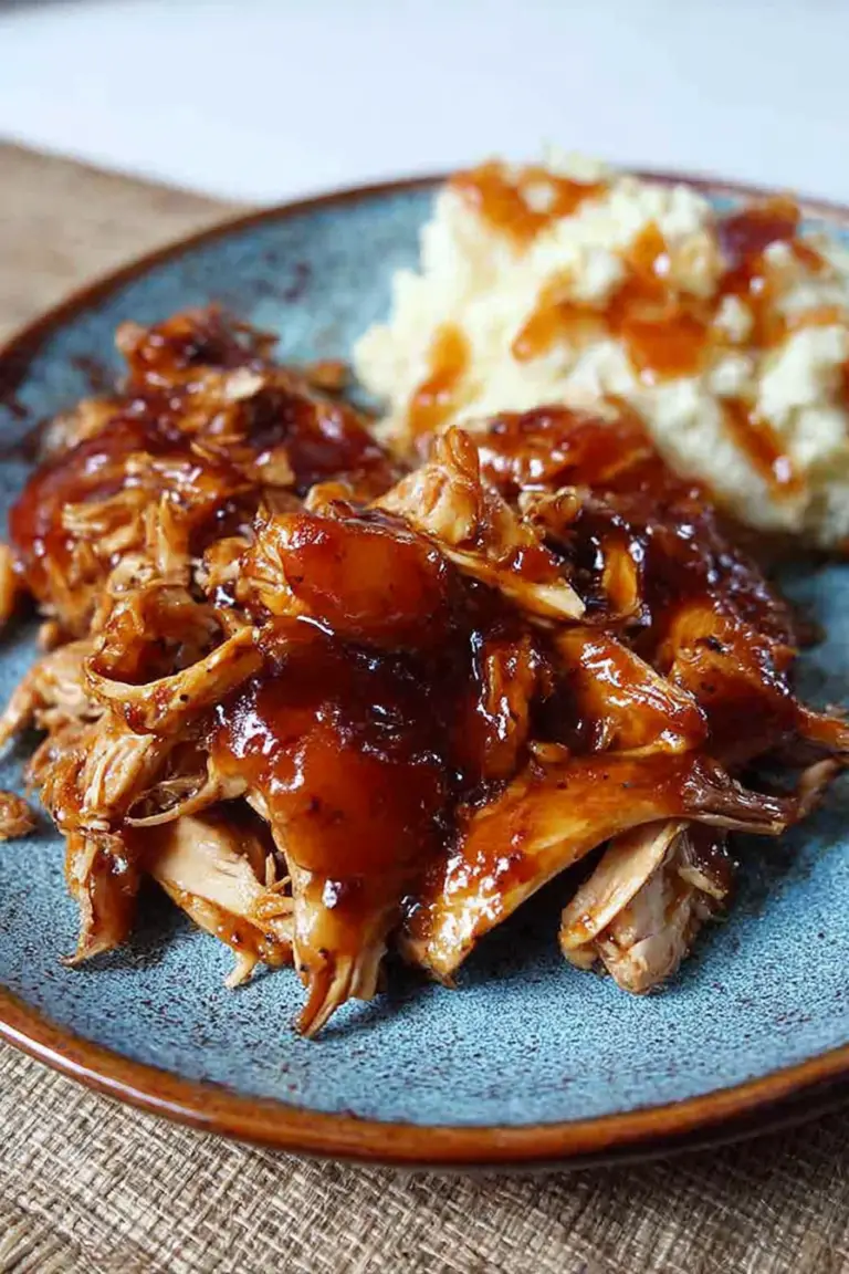 Shredded slow cooker chicken with peach barbecue sauce and creamy mashed potatoes on a plate.