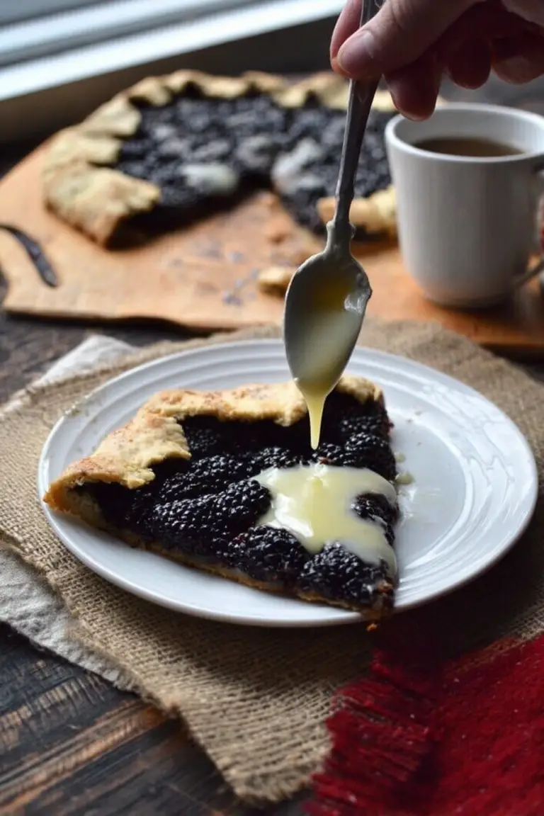 Slice of mulberry galette drizzled with vanilla sauce on a wooden table