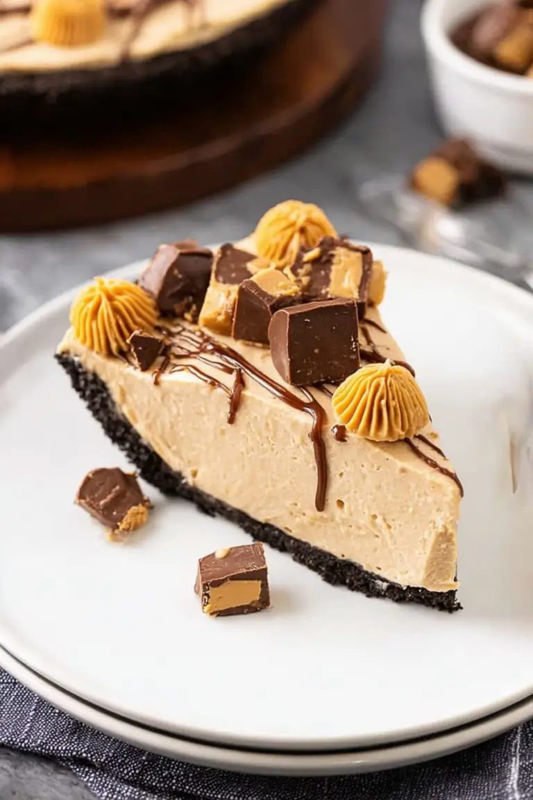 Slice of no bake peanut butter pie with mini peanut butter cups on top and a drizzle of melted peanut butter.