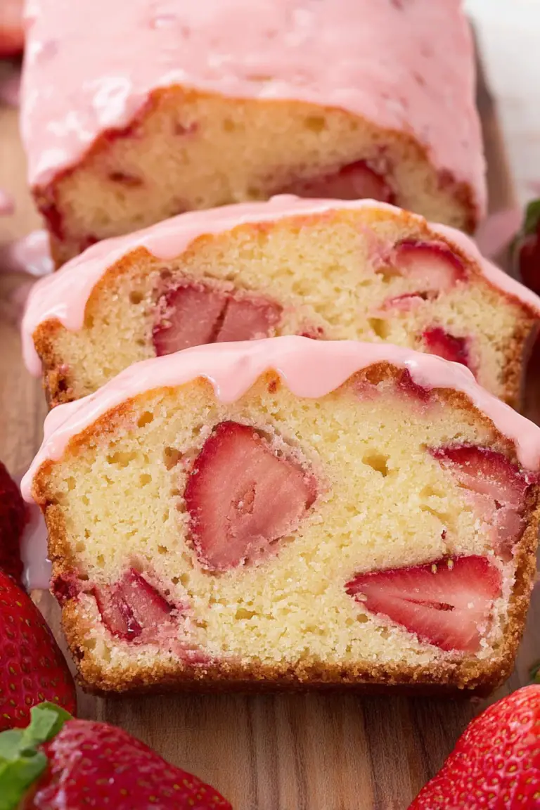 Slice of moist strawberry pound cake garnished with fresh strawberries and glaze on a wooden table