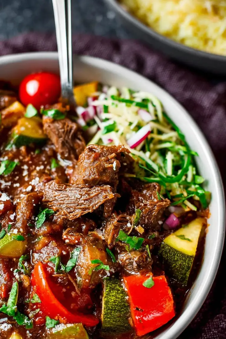 Delicious slow cooked summer beef casserole with parmesan and parsley in a rustic bowl